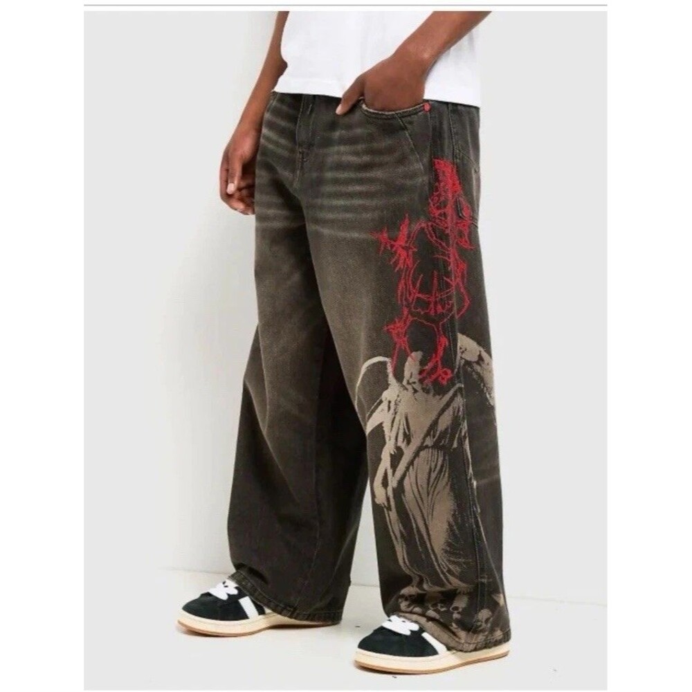 Vitriol Void Angel Jeans Size 30 Ultra Wide Leg Washed Black Skull Printed Cyber